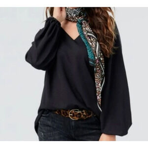 CAbi Swanky Black V-Neck Hi Lo Balloon Sleeve Oversized Blouse Size S Style 3802